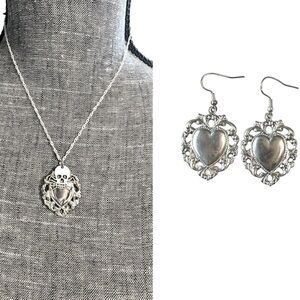 Matching Heart Skull Necklace & Earrings Silver Victorian Skull Crossbones Set
